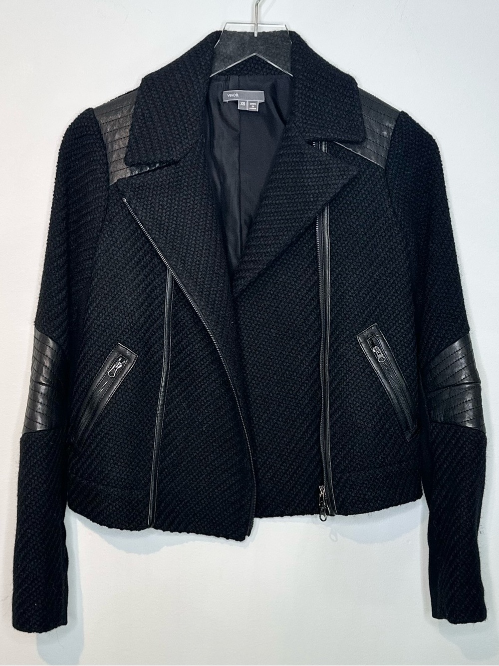 Vince Black Moto Wool Quilted Leather Trim Jacket - Picture 15 of 16